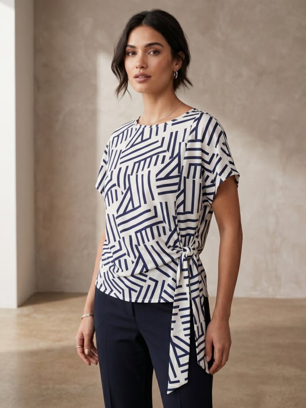 3/$25 NWOT | White Navy Blue Print Dolman Sleeve Side Tie Blouse | Medium